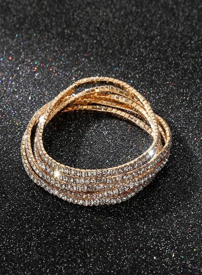 DATOA 10Pcs Sparkling Rhinestone Stretch Tennis Bracelets Set Fashion Stackable Crystal Elastic Bracelet Shining Wedding Party Jewelry-Gold - Image 2